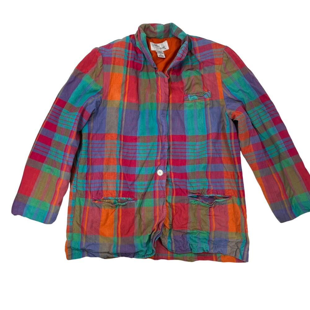 Vintage 80s Union Khaki Plaid Blazer Jacket Multicolor Cotton Lined Women's L